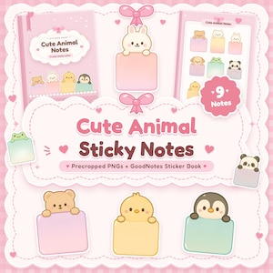 Könnte beinhalten: Ein digitales Sticker-Set mit dem Titel Cute Animal Sticky Notes, das neun tierische Haftnotizen mit Charakteren wie Bär, Hase, Küken, Pinguin, Frosch und Panda enthält. Das Set umfasst ein digitales Stickerbuch und PNG-Dateien.