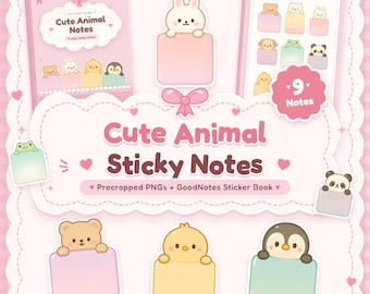 Puede incluir: Un conjunto de pegatinas digitales titulado Cute Animal Sticky Notes que incluye nueve notas adhesivas con temas de animales como un oso, conejo, pollito, pingüino, rana y panda. Incluye un libro de pegatinas y archivos PNG.