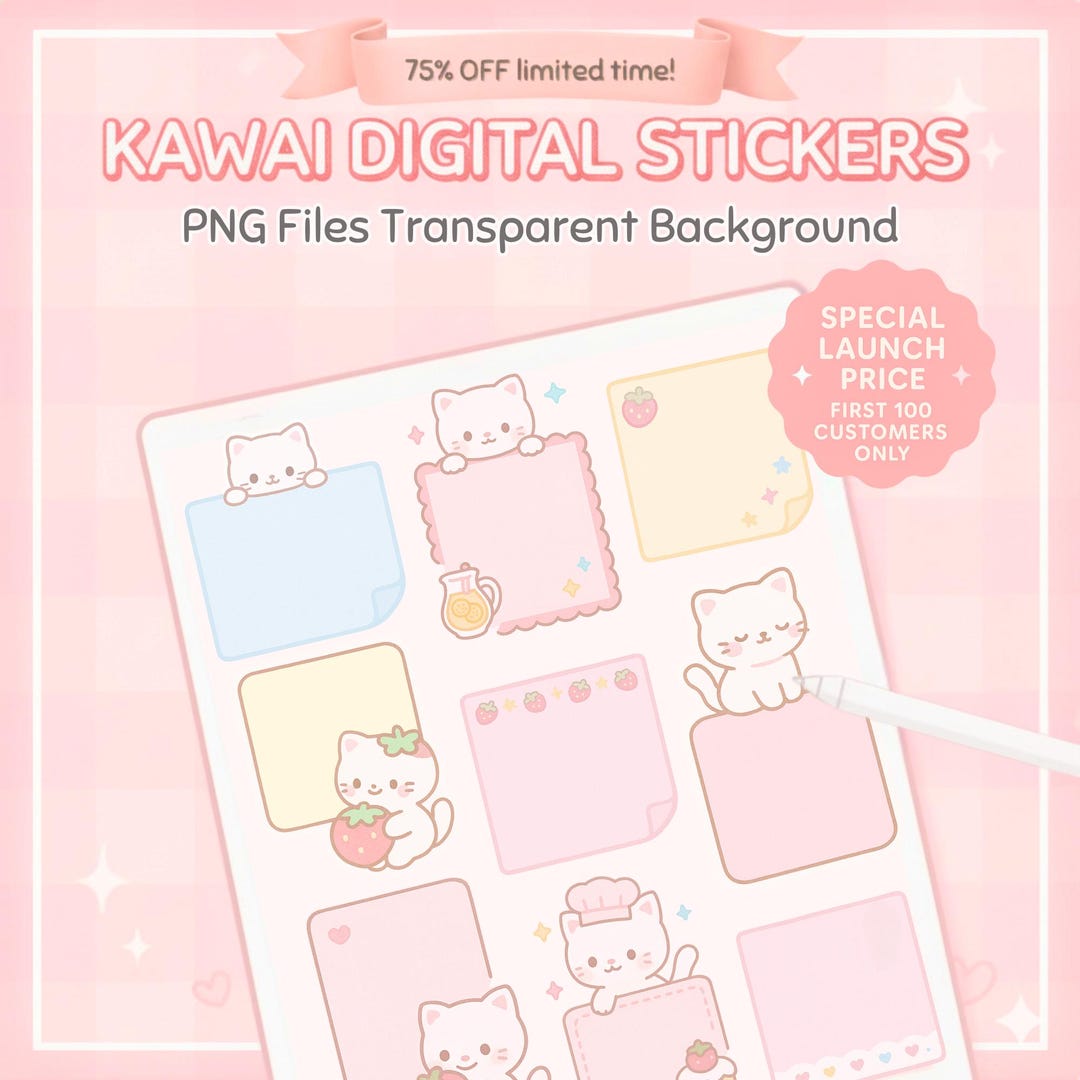 Pastel Kawaii Cute Digital Sticky Notes Cute Cat Digital Sticky Notes ...