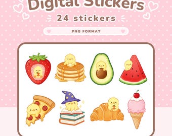 Pegatinas digitales Kawaii, comida de pollitos lindos, paquete de pegatinas Goodnotes, pegatinas diarias para agenda digital y diario digital, pegatinas imprimibles PNG