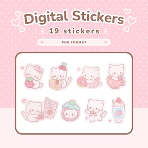 以下が含まれることがあります： イチゴをテーマにしたアクセサリーやスイーツを持つ、かわいい漫画の猫が特徴の、PNG形式の19個のデジタルステッカーのセットです。「Digital Stickers」と「PNG FORMAT」の文字がピンクのドット柄の背景に表示されています。