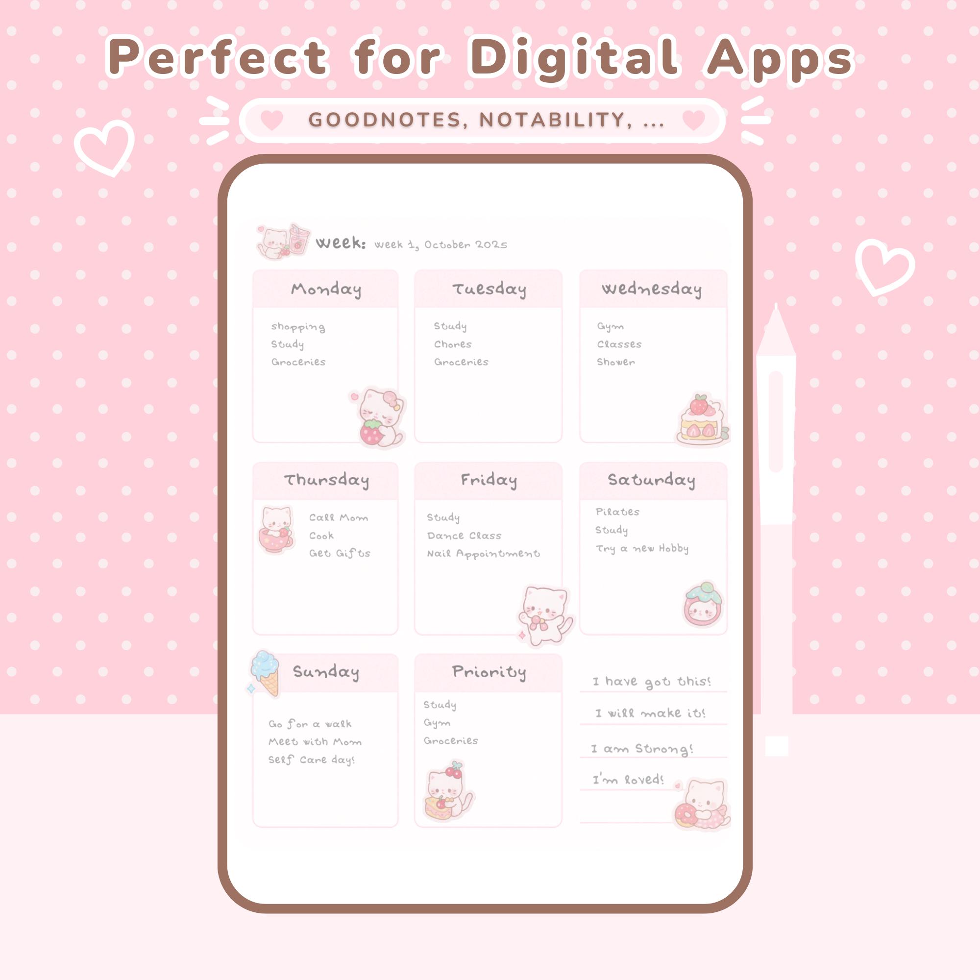 Cute Cat Digital Planner Stickers Kawaii Digital Stickers Goodnotes ...