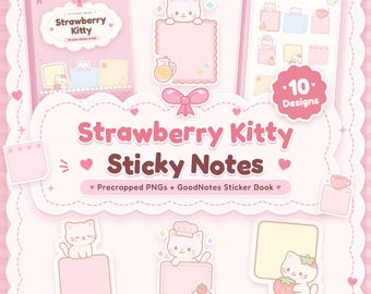 May include: A digital sticker set titled Strawberry Kitty Sticky Notes featuring 10 designs of cats with strawberries, pink memo pads, and bows. The set includes precropped PNG files and a GoodNotes sticker book with various pastel-colored cat-themed sticky notes.