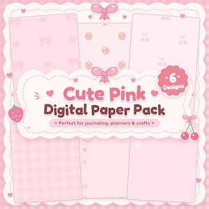May include: A digital paper pack featuring six light pink designs with patterns of bows, hearts, strawberries, cherries, and gingham. The central label displays the text Cute Pink Digital Paper Pack and 6 Designs, framed by a scalloped border with pink bows.