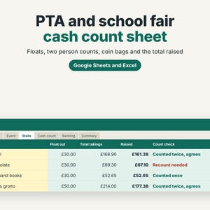 PTA現金集計シート（英国）、学校祭の釣り銭管理と売上追跡、コインバッグの保管、2人による人数確認、GoogleスプレッドシートとExcel