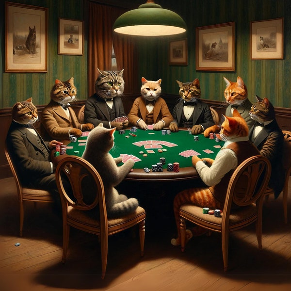 Cats Playing Poker Digital Art  Printable Whimsical Cat Poker Game Feline Card Players Poster