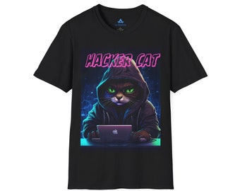 May include: A black short-sleeve t-shirt featuring a graphic of a cat wearing a dark hoodie while using a laptop. The text HACKER CAT appears in pink neon lettering above the cat. The background shows a blue digital grid pattern.