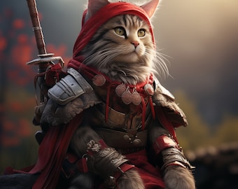 May include: A tabby cat wearing a red hood and detailed metal armour with shoulder plates and gauntlets. A long sword with a wooden hilt is strapped to the back. The cat has yellow eyes and is dressed in red fabric accents with small circular metal charms.