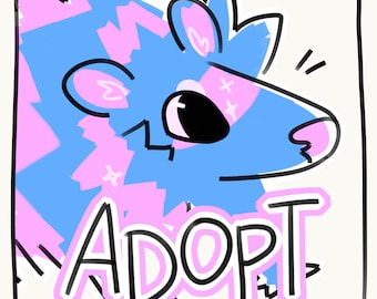 May include: A digital illustration of a stylized creature with blue and pink fur, featuring large dark eyes and pointed ears. The word ADOPT is written in bold white letters with a pink outline at the bottom of the square frame.