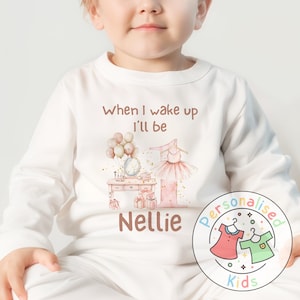 Personalised Pink Ballerina Birthday Pyjamas – “When I Wake Up, I Will Be” Design, When I Wake Up I Will Be One Pajamas, BD001 White set