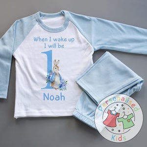 Personalised &quot;When I Wake Up, I Will Be&quot; Blue Floppy Rabbit Birthday Pyjamas – Custom Age & Name, When I Wake Up I Will Be One Pjs, BF002