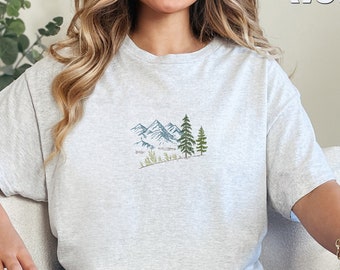 Nature Embroidered Shirt, Pine Tree and Mountain Silhouette Shirt, Forest Camper Nature Lovers Shirt, Hiking Shirt