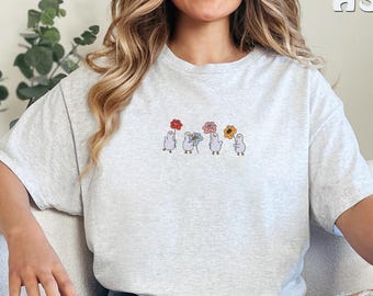 Embroidered Ducks With Flowers T-Shirt, Cute Duck Mama Shirt, Gift For Animal Lover, Silly Duck Tee, Duck Lovers Tee, Ducks With Flowers Tee