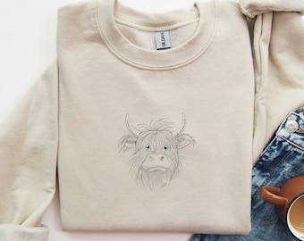Embroidered Highland Cow Sweatshirt, Highland Cow Crewneck, Cute Cow Sweater, Western Highland Cow Sweatshirt, Western Heifer Cow Gifts