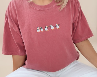 Penguins Embroidered Shirt, Cute Penguin T-Shirt, Animal Lover Shirt, Comfort Color Shirt