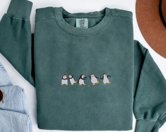 Penguins Embroidered Sweatshirt, Cute Penguin Sweatshirt, Animal Lover Sweatshirt, Comfort Color Sweatshirt