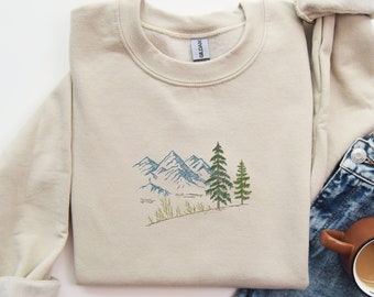 Nature Embroidered Sweatshirt, Pine Tree and Mountain Silhouette Sweatshirt, Forest Camper Nature Lovers Sweatshirt, Hiking Sweatshirt