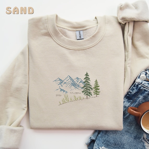 Nature Embroidered Sweatshirt, Pine Tree and Mountain Silhouette 