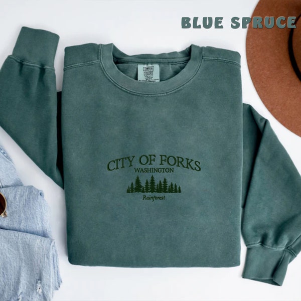 Embroidered Rainforest City Of Forks Washington Sweatshirt, National Park Sweatshirt, State Sweatshirt, Vacation Sweater, Hiking Sweatshirt