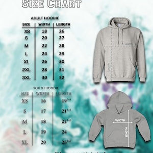 Puede incluir: Tabla de tallas para sudaderas con capucha para adultos y j&oacute;venes. Las tallas de sudaderas para adultos van de XS a 3XL, con anchos de 45,7 a 76,2 cm y largos de 66 a 81,3 cm. Las tallas para j&oacute;venes van de XS a XL, con anchos de 40,6 a 50,8 cm y largos de 50,2 a 64,8 cm.