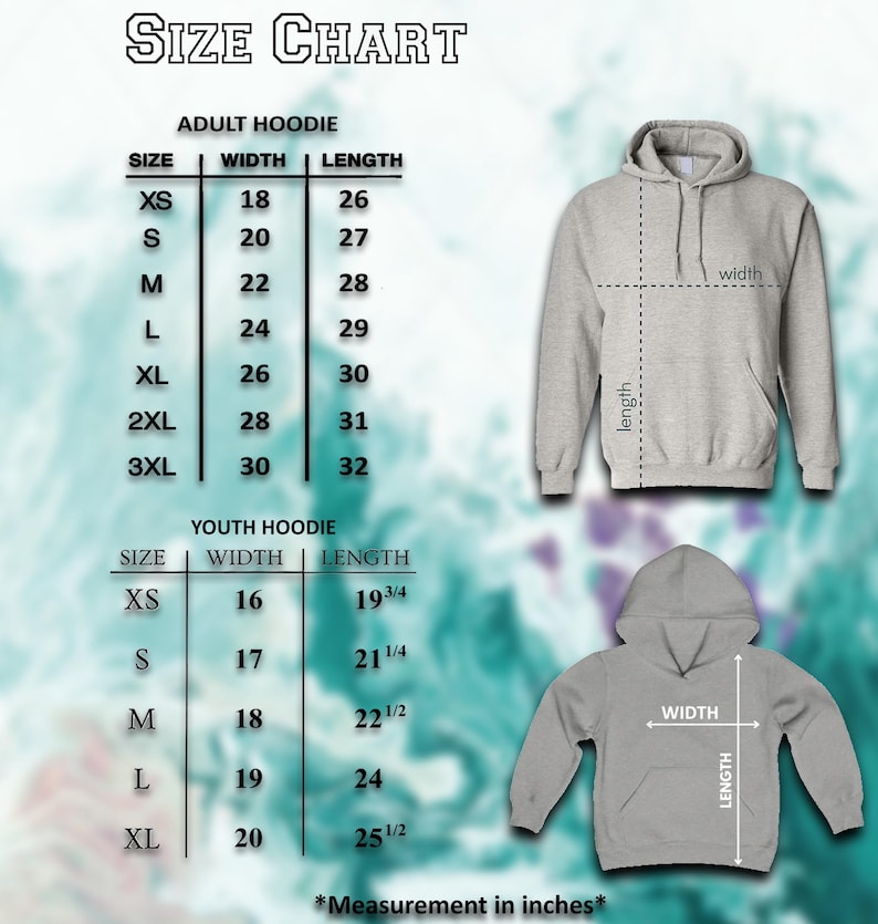 Puede incluir: Tabla de tallas para sudaderas con capucha para adultos y j&oacute;venes. Las tallas de sudaderas para adultos van de XS a 3XL, con anchos de 45,7 a 76,2 cm y largos de 66 a 81,3 cm. Las tallas para j&oacute;venes van de XS a XL, con anchos de 40,6 a 50,8 cm y largos de 50,2 a 64,8 cm.