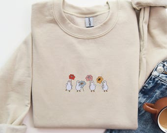 Embroidered Ducks With Flowers Sweatshirt, Cute Duck Mama Sweatshirt, Gift For Animal Lovers, Silly Duck Sweatshirt, Duck Lovers Sweatshirt
