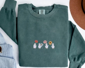 Embroidered Ducks With Flowers Sweatshirt, Cute Duck Mama Sweatshirt, Gift For Animal Lovers, Silly Duck Sweatshirt, Duck Lovers Sweatshirt