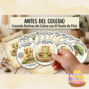 Pode incluir: Um conjunto de cartões educativos infantis com tema de dragão. Os cartões apresentam ilustrações de um dragão amigável em várias poses, com texto em espanhol. Os cartões são projetados para ensinar rotinas calmantes. O texto nos cartões inclui frases como "respiração" e "aterramento".