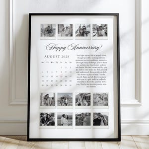 Puede incluir: Un collage de fotos en blanco y negro enmarcado con las palabras "Happy Anniversary!" y "August 2025." El collage incluye varias fotos pequeñas y un calendario. También se incluye un mensaje sincero.