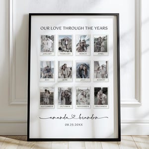 Könnte beinhalten: Ein gerahmter Druck mit schwarzem Rahmen, der zwölf kleine Schwarz-Weiß-Fotos in einem Raster anzeigt. Jedes Foto ist mit einem Monat beschriftet. Der Text "OUR LOVE THROUGH THE YEARS" steht oben, mit Namen und einem Datum unten.