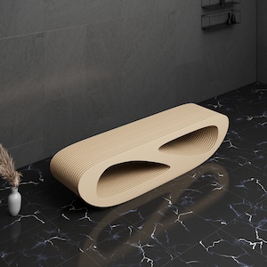 May include: A light brown, modern bench with two cut-out sections. The bench is made of layered wood and has a wavy, organic shape. The bench is sitting on a black and white marble floor.