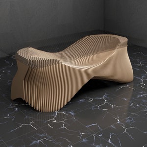 May include: A modern, abstract wooden bench with a wavy, organic design. The bench is made of light brown wood and has a smooth, polished finish. It is sitting on a black marble floor.