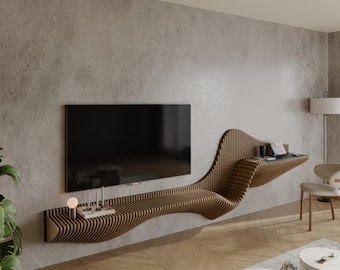 Estantería paramétrica con diseño ondulado de madera para TV. Diseño y arquitectura. Arte. Mobiliario moderno. Archivo para fresadora CNC.