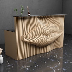 Parametrische Kunst aus Holz · Gewellte Holzmöbel · 3D-Druck CNC-Fräser-Schnittdatei · Parametrischer Büro-Schreibtisch · Parametrischer Lippen-Büro-Schreibtisch
