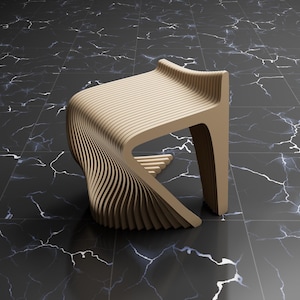 May include: A wooden stool with a unique, wavy design. The stool is made of light brown wood and has a smooth, polished finish.
