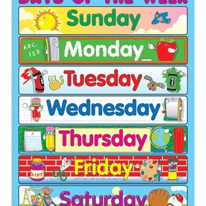 Puede incluir: Un gráfico colorido con los días de la semana, cada día ilustrado con una imagen diferente. Domingo está ilustrado con un sol, lunes con una manzana, martes con un crayón, miércoles con un lápiz, jueves con un cuaderno, viernes con pintura y sábado con una pelota de béisbol.