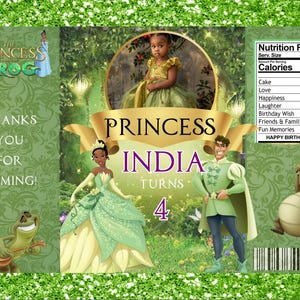 May include: A green and gold birthday party favor bag featuring a princess from The Princess and the Frog. The bag has a picture of a young girl dressed as Tiana, the princess, and the text "Princess India Turns 4".