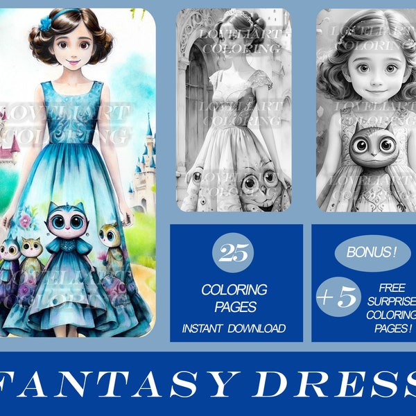 FANTASY DRESS: Coloring Pages, Grayscale Coloring Pages, Instant Download, Printable PDF Files