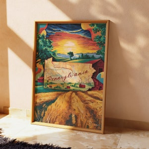 Arte de pared con mapa de Pensilvania antiguo, arte imprimible de estilo rural retro, arte de pared digital moderno de mediados de siglo, póster de arte de Matisse Van Gogh