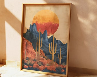 Retro Cactus Poster, Vintage Western Desert Landscape Art Digital Print, Printable Scenic Southwest Artwork, Unique Desert Wall Decor