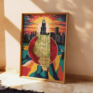 Retro Chicago Skyline druckbare Kunst, Vintage Illinois Karte Wand Kunst Druck, digitales Midcentury modernes Plakat, Matisse Van Gogh Stil Kunst