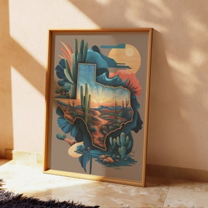 Vintage Retro Texas Karte Wandkunst, westlicher druckbarer botanischer Kunstdruck, digitale Midcentury moderne Wandkunst, Matisse Van Gogh Kunstplakat