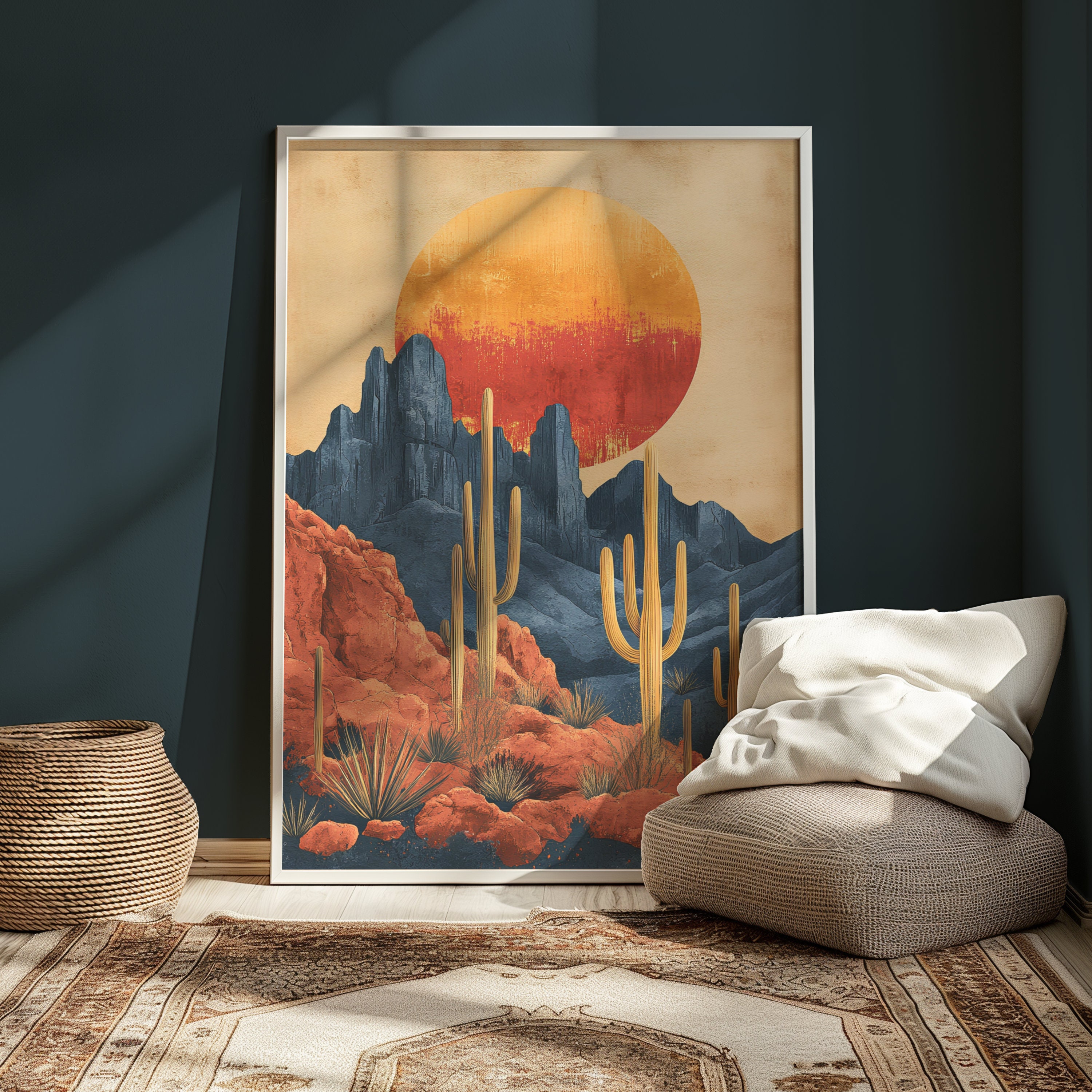 Retro Cactus Poster, Vintage Western Desert Landscape Art Digital Print ...
