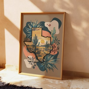 Vintage Retro Texas Karte Wandkunst, westlicher druckbarer botanischer Kunstdruck, digitale Midcentury moderne Wandkunst, Matisse Van Gogh Kunstplakat