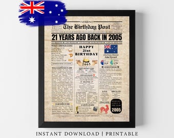 2005 AUSTRALIA 21st Birthday Newspaper Printable Poster | 21 Years Ago Back in 2005 Print | 21st Birthday Gift for Son Daughter Grandchild
