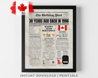 Könnte beinhalten: Ein gerahmtes Poster mit dem Titel The Birthday Post, Flashback to 1996, zum 30. Geburtstag. Das Dokument enthält historische Fakten, kanadische Flaggengrafiken, Lebenshaltungskosten, beliebte Süßigkeiten und Nachrichten-Highlights aus dem Jahr 1996.