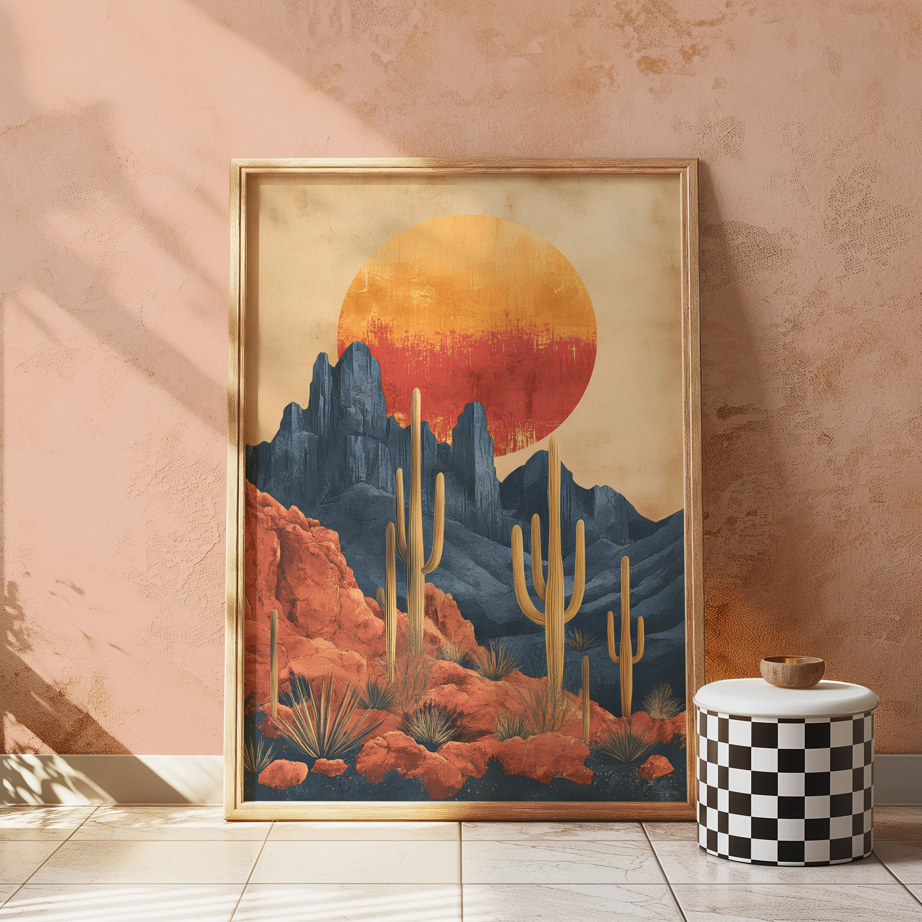 Retro Cactus Poster, Vintage Western Desert Landscape Art Digital Print ...