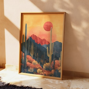 Retro Kaktus Poster, Vintage Western Wüstenlandschaft Kunst Digitaldruck, druckbare Landschaftsbild im Südwesten der USA, einzigartige Wüstenwanddekoration