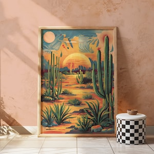 Vintage Retro Sonnenuntergang Wandkunst, Western druckbare botanische Kunstdruck, digitale Midcentury moderne Wandkunst, Matisse Van Gogh Texas Kunstplakat