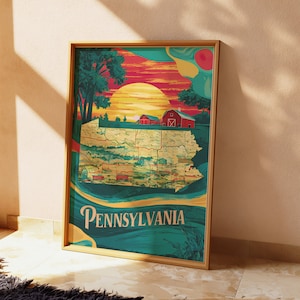 Lámina artística retro vintage de Pensilvania, mapa rural imprimible, arte mural digital moderno de mediados de siglo, póster artístico de Matisse Van Gogh